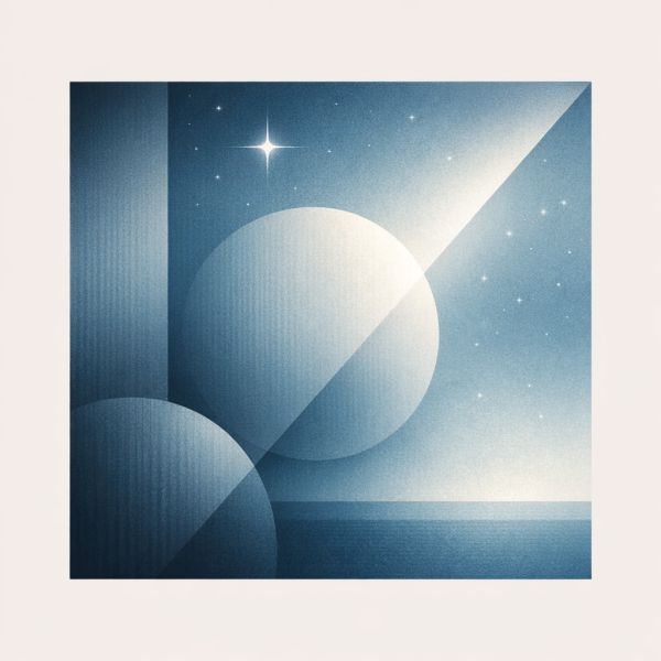 Abstrakte Weltraumszene mit Mond, Sternen und Lichtstrahl in ruhigen Blau‑ und Grautönen.